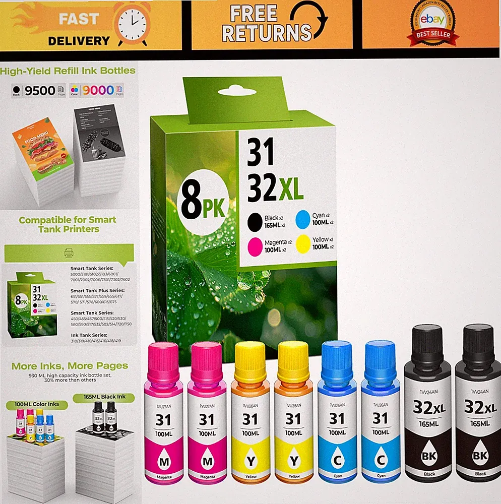 Ink Bottle Refill Set 31 32XL for Smart Tank 5101 6001 7602 - 8 Pack Compatible